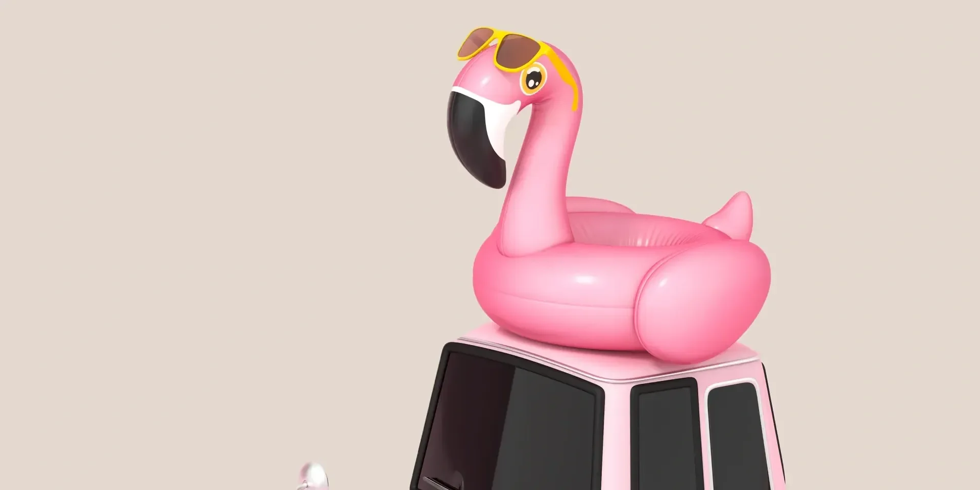 Ein aufblasbarer Flamingo auf einem Autodach.