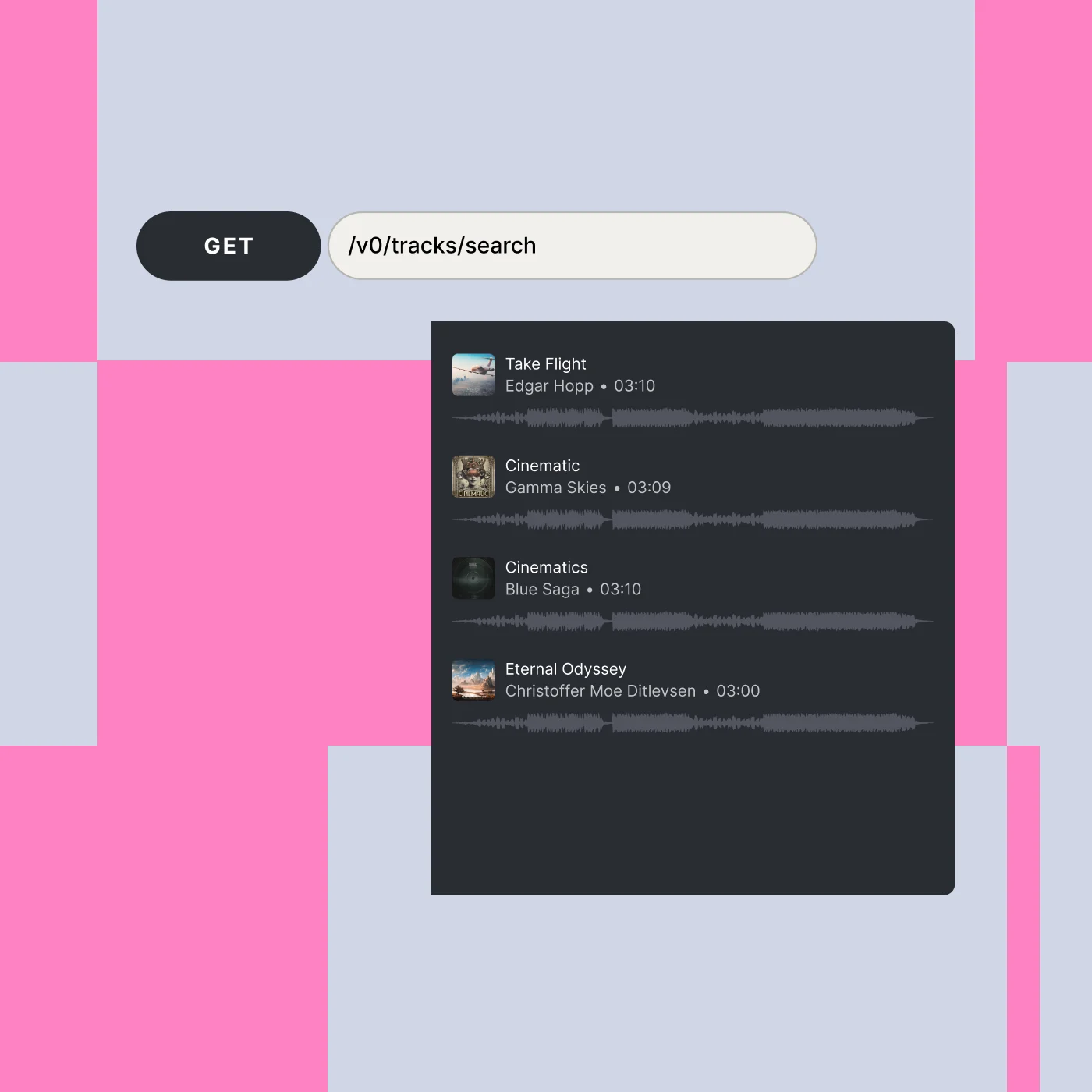 A screenshot of someone using the Epidemic Sound API Free tier.